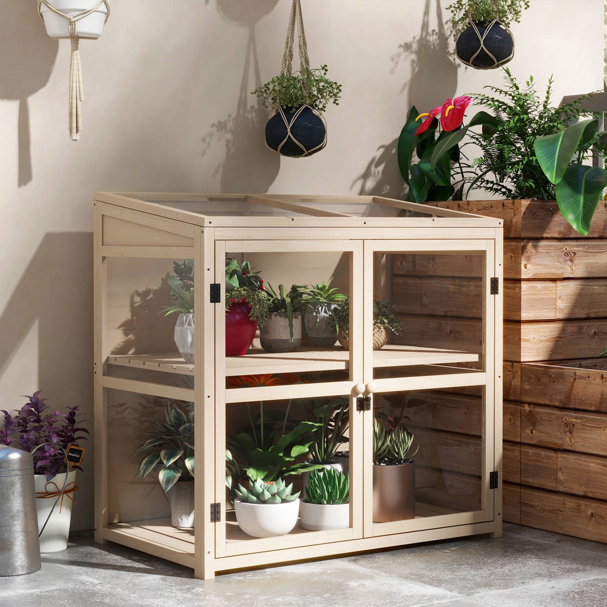 Serre Châssis Bois Jardin 2 Niveaux Toit Ouvrant Double Porte 103x61cm - ComfortXL Outdoor Living - Image 1