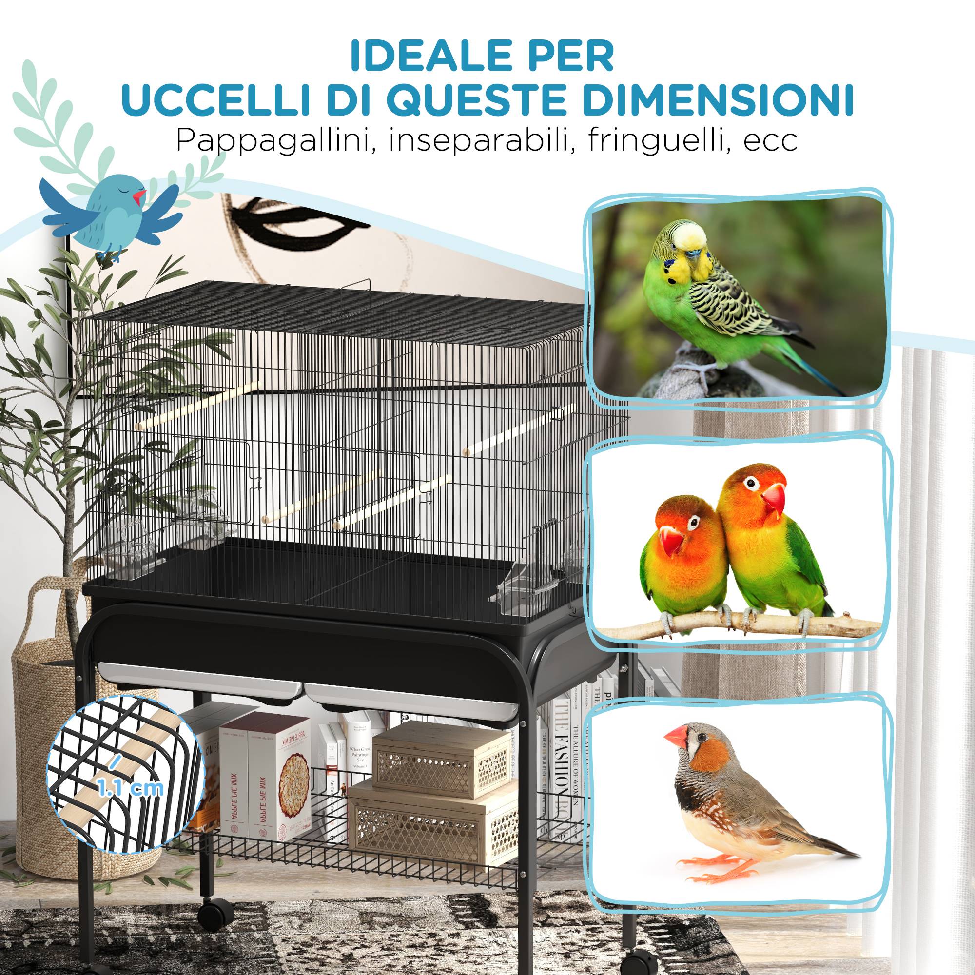 Cage pour oiseaux d'intérieur avec bac, étagère et roues avec frein, 85x49x119 cm, noir - Image 8