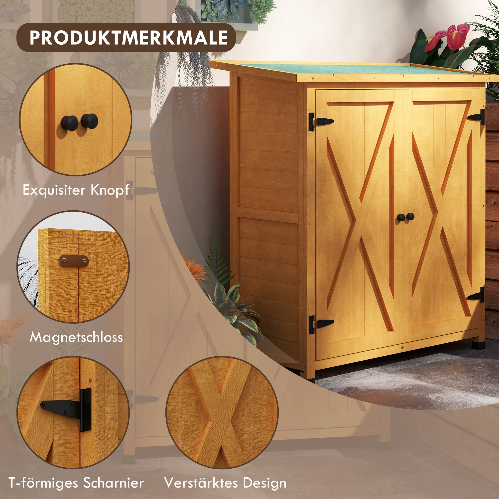 Armoire de jardin en bois, résistante aux intempéries, 2 portes, toit asphalte, 110x55x117 cm, jaune - Image 7