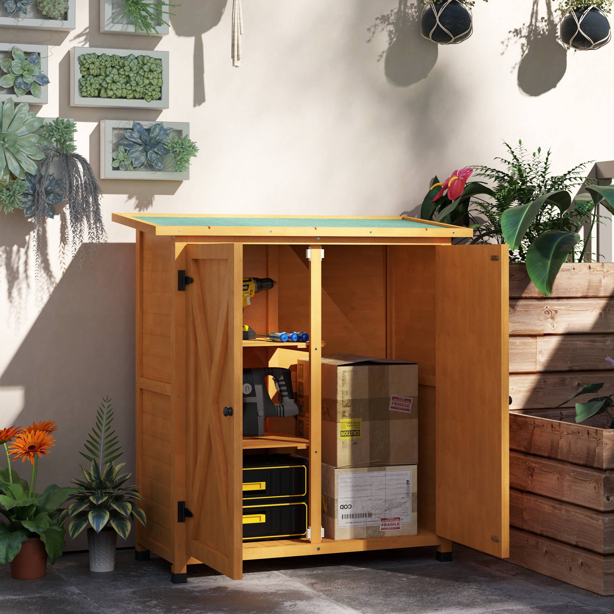 Armoire de jardin en bois, résistante aux intempéries, 2 portes, toit asphalte, 110x55x117 cm, jaune - Image 3