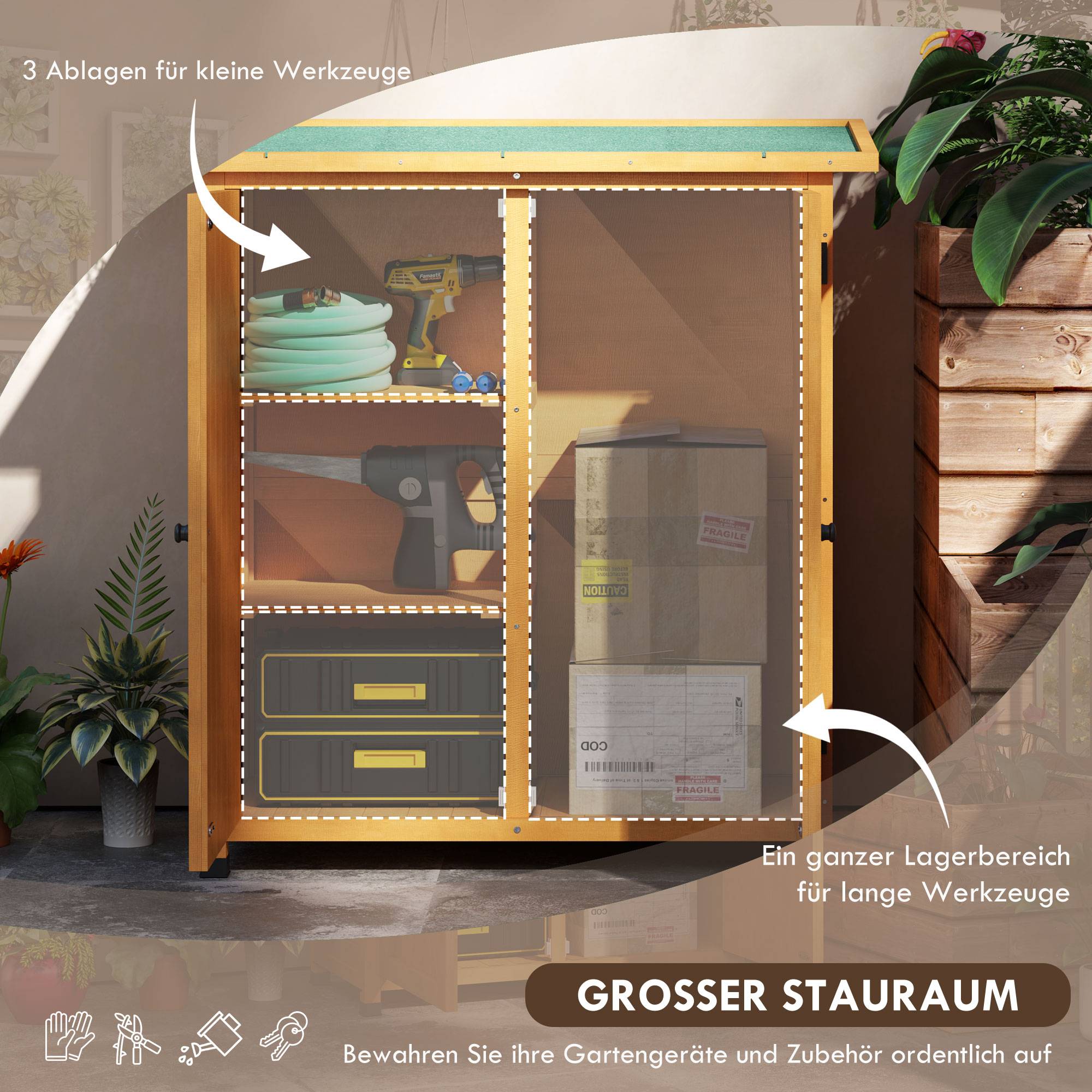 Armoire de jardin en bois, résistante aux intempéries, 2 portes, toit asphalte, 110x55x117 cm, jaune - Image 6