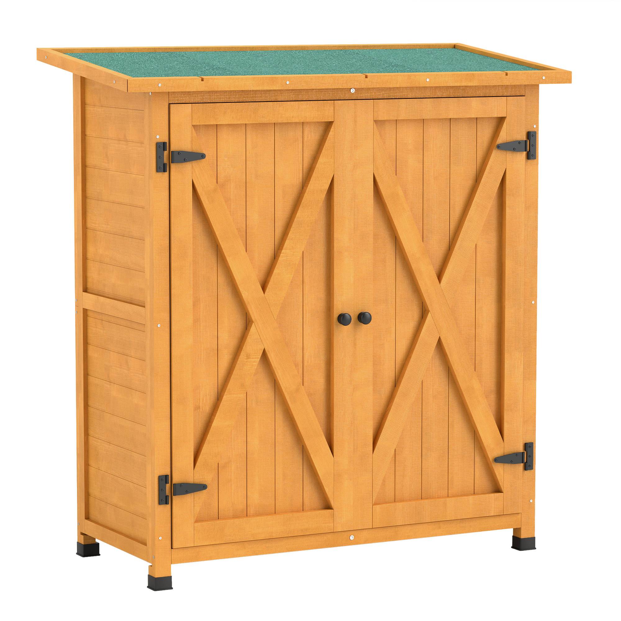 Armoire de jardin en bois, résistante aux intempéries, 2 portes, toit asphalte, 110x55x117 cm, jaune - Image 2