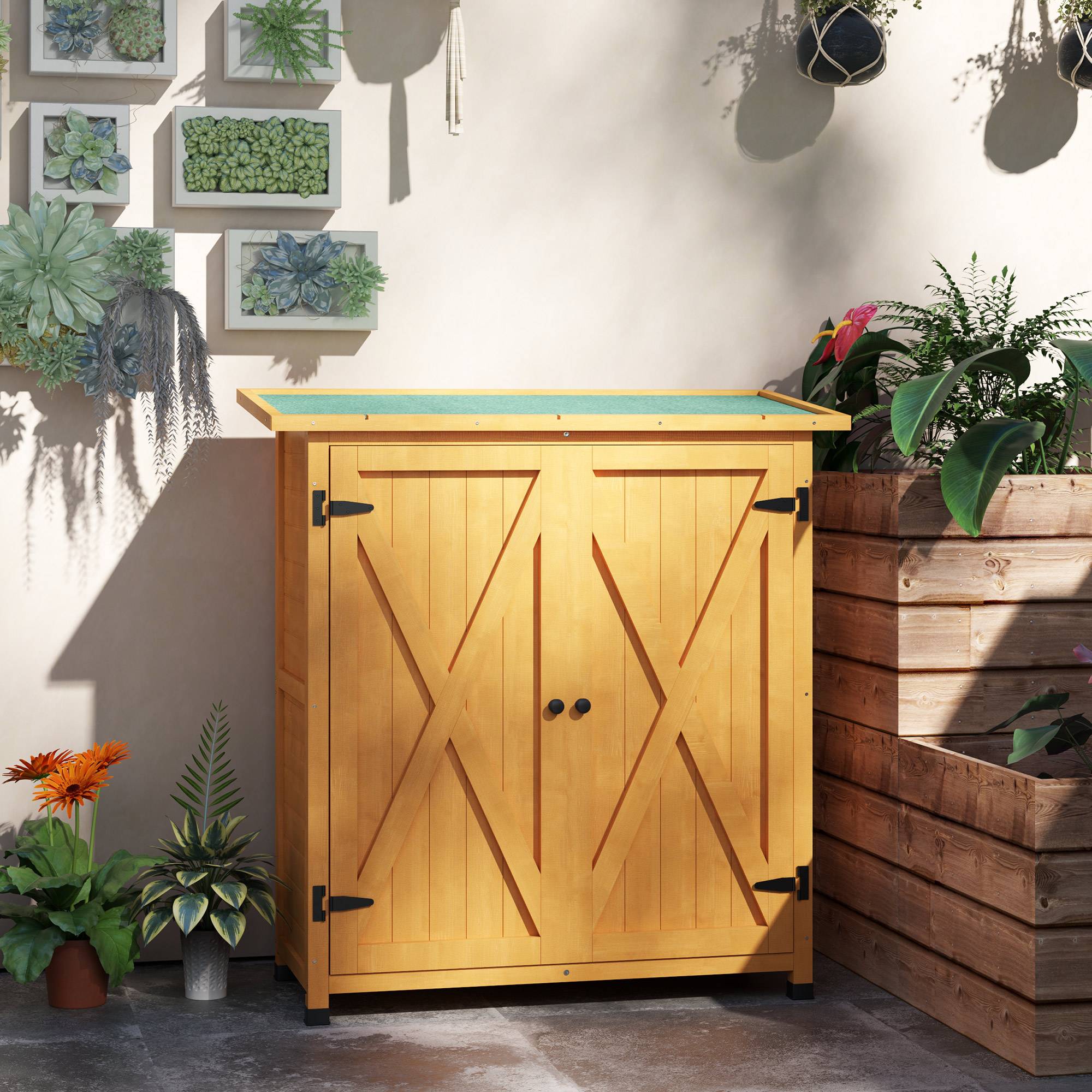 Armoire de jardin en bois, résistante aux intempéries, 2 portes, toit asphalte, 110x55x117 cm, jaune - Image 10