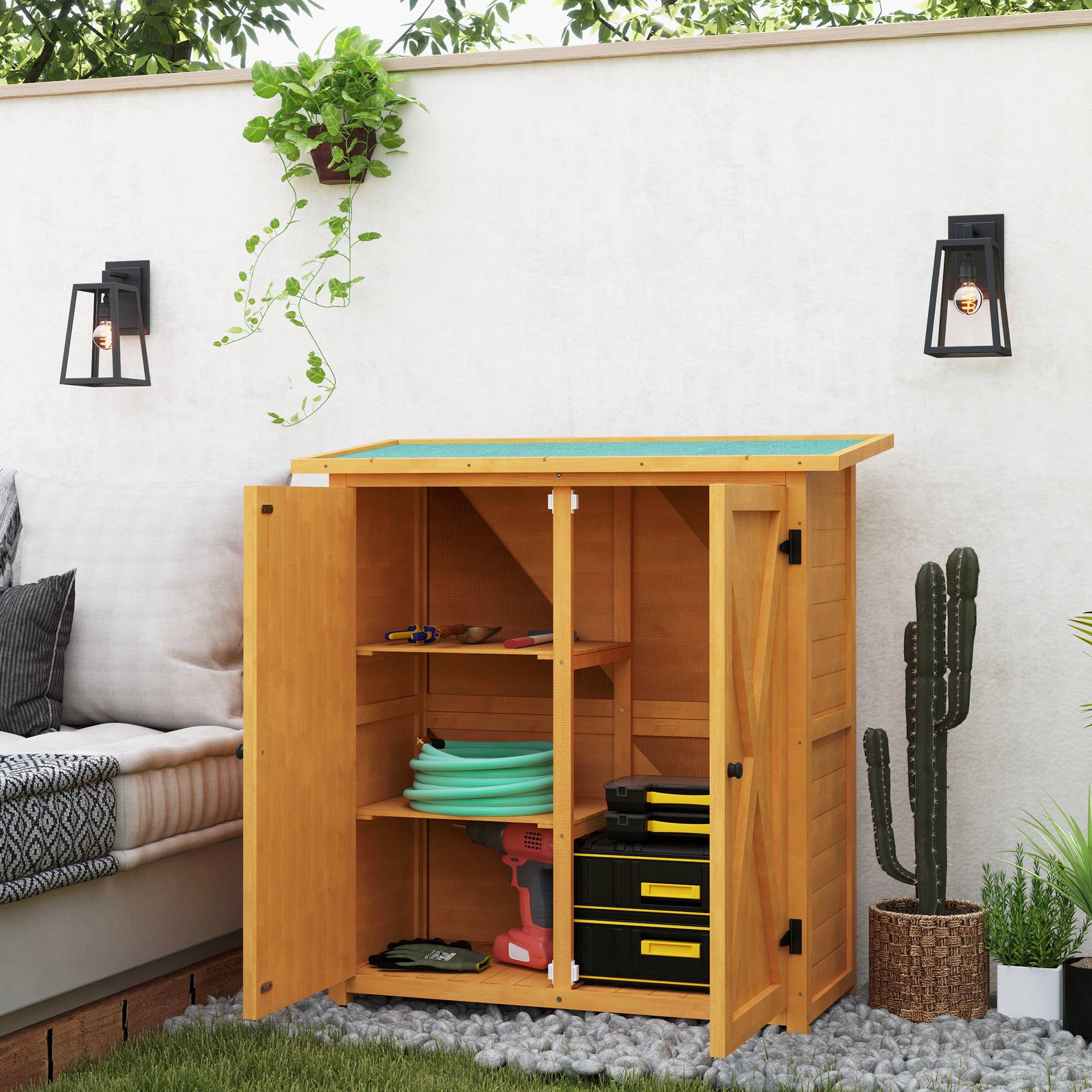 Armoire de jardin en bois, résistante aux intempéries, 2 portes, toit asphalte, 110x55x117 cm, jaune - Image 4