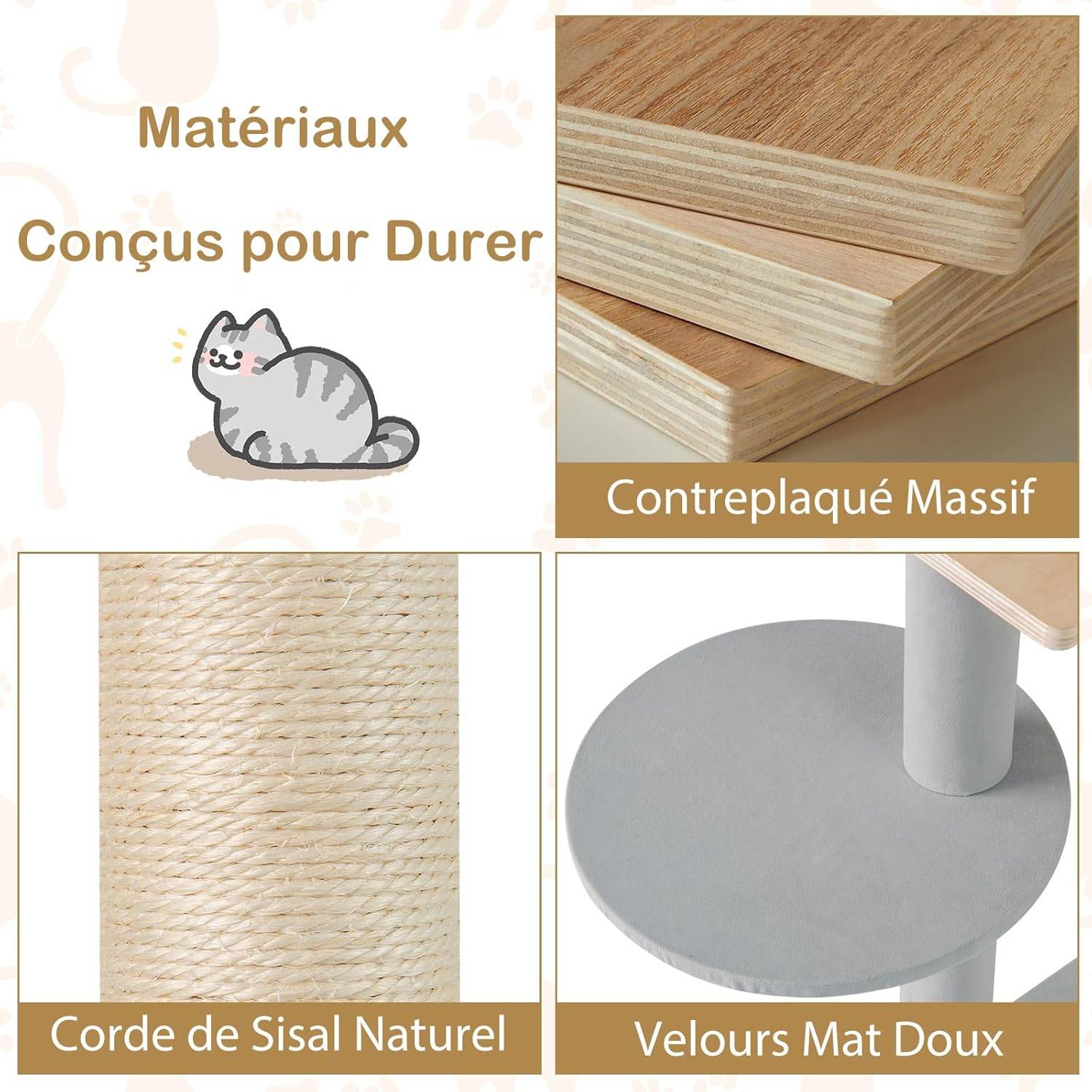 COSTWAY Arbre à Chat 113 cm, Arbre a Chat Bois, 2 Griffoirs pour Chat en Sisal, 5 Plateformes Capsule Transparente Grand Arbre a Chat 50 × 40 × 113 cm - Image 8