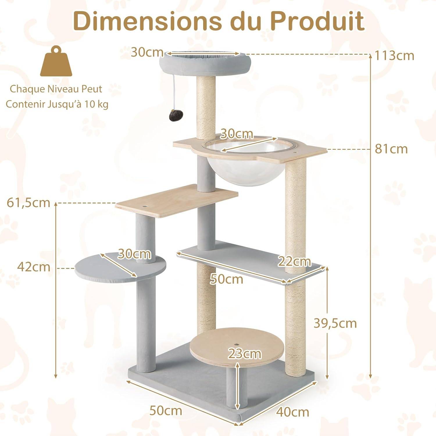 COSTWAY Arbre à Chat 113 cm, Arbre a Chat Bois, 2 Griffoirs pour Chat en Sisal, 5 Plateformes Capsule Transparente Grand Arbre a Chat 50 × 40 × 113 cm - Image 4