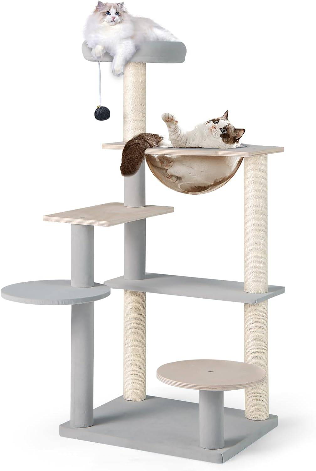 COSTWAY Arbre à Chat 113 cm, Arbre a Chat Bois, 2 Griffoirs pour Chat en Sisal, 5 Plateformes Capsule Transparente Grand Arbre a Chat 50 × 40 × 113 cm - Image 1