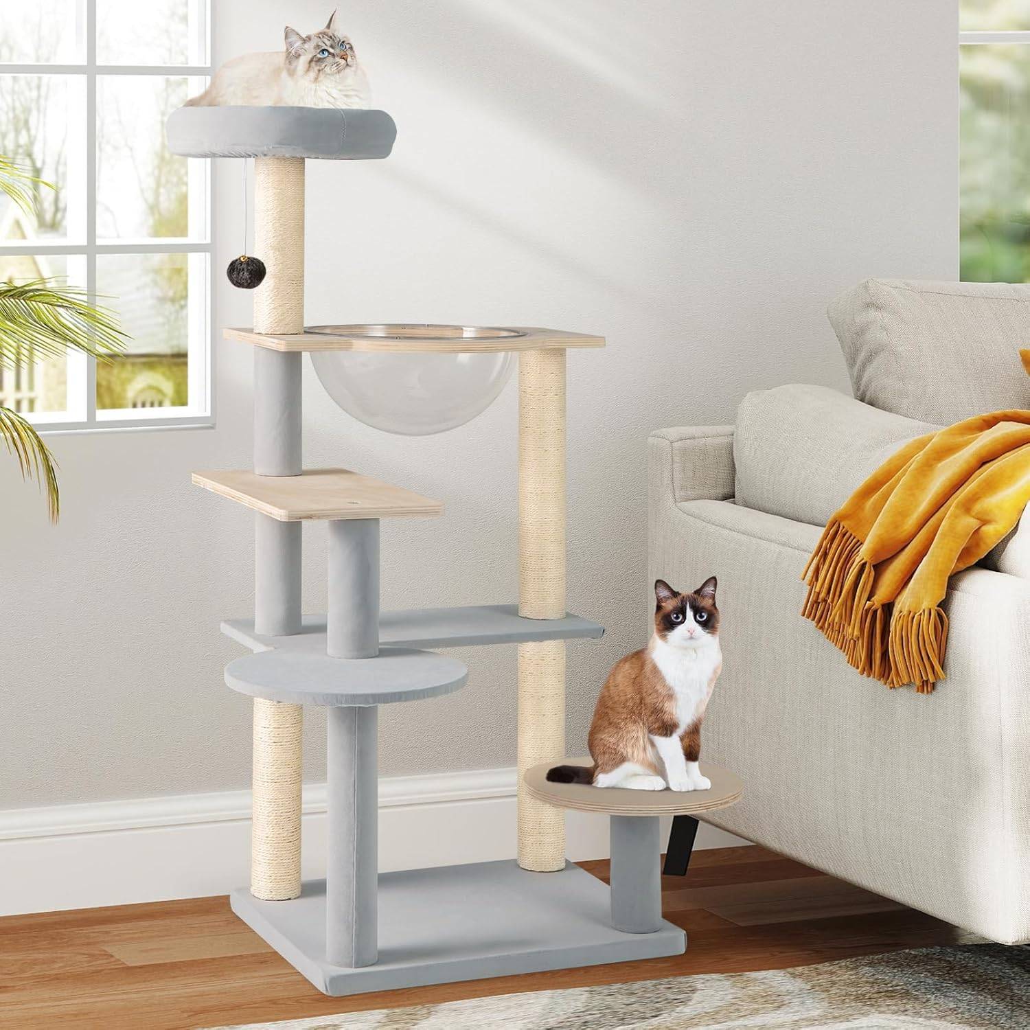 COSTWAY Arbre à Chat 113 cm, Arbre a Chat Bois, 2 Griffoirs pour Chat en Sisal, 5 Plateformes Capsule Transparente Grand Arbre a Chat 50 × 40 × 113 cm - Image 2