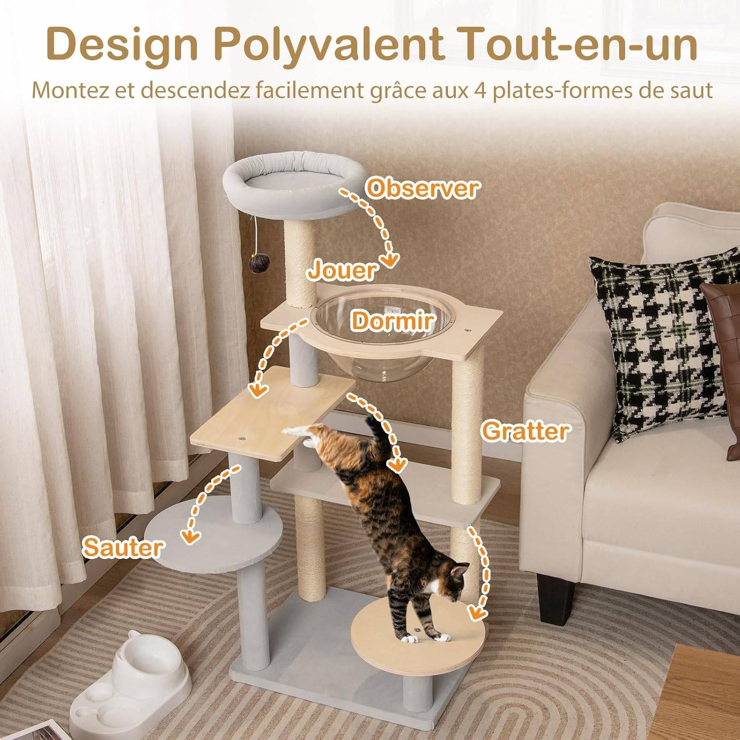 COSTWAY Arbre à Chat 113 cm, Arbre a Chat Bois, 2 Griffoirs pour Chat en Sisal, 5 Plateformes Capsule Transparente Grand Arbre a Chat 50 × 40 × 113 cm - Image 5