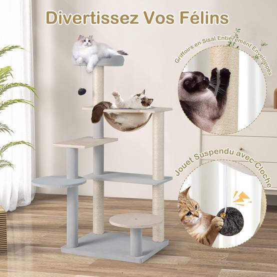 COSTWAY Arbre à Chat 113 cm, Arbre a Chat Bois, 2 Griffoirs pour Chat en Sisal, 5 Plateformes Capsule Transparente Grand Arbre a Chat 50 × 40 × 113 cm - Image 7
