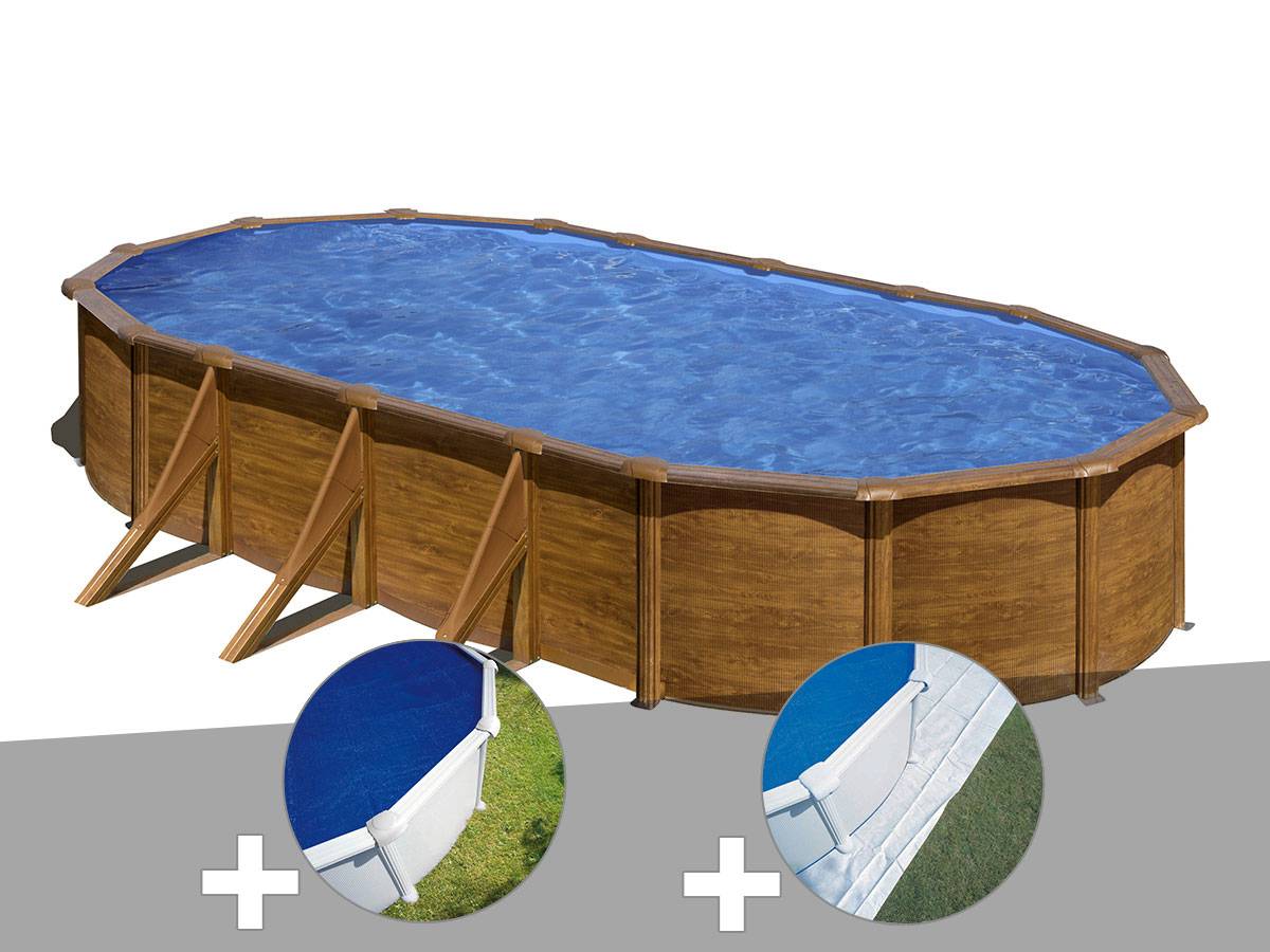 Gré - Kit piscine acier aspect bois Gré Pacific ovale 7,44 x 3,99 x 1,22 m + Bâche à bulles + Tapis de sol