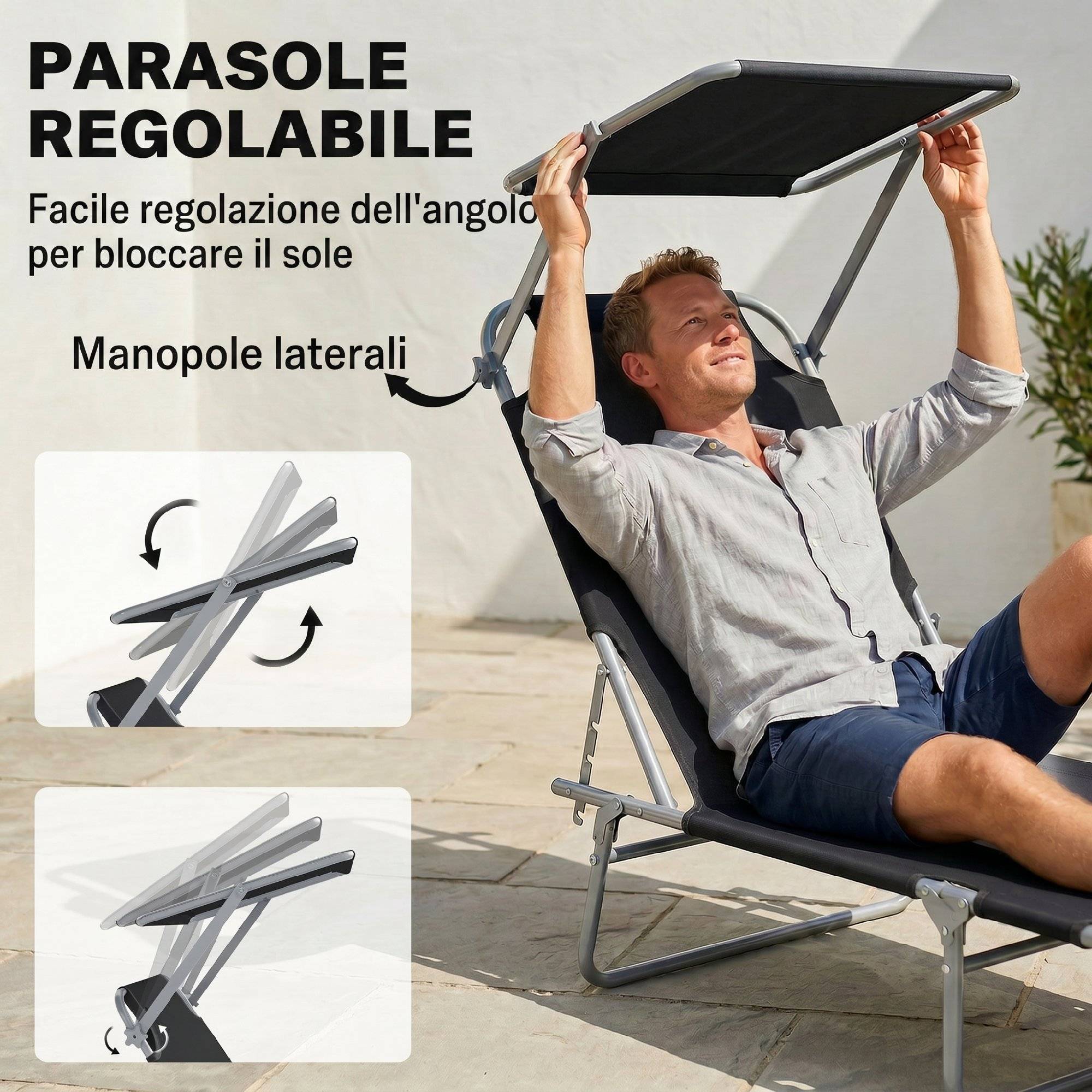 Lit de bronzage de jardin pliable réglable avec auvent tissu noir, 187x58x50 cm - Image 6