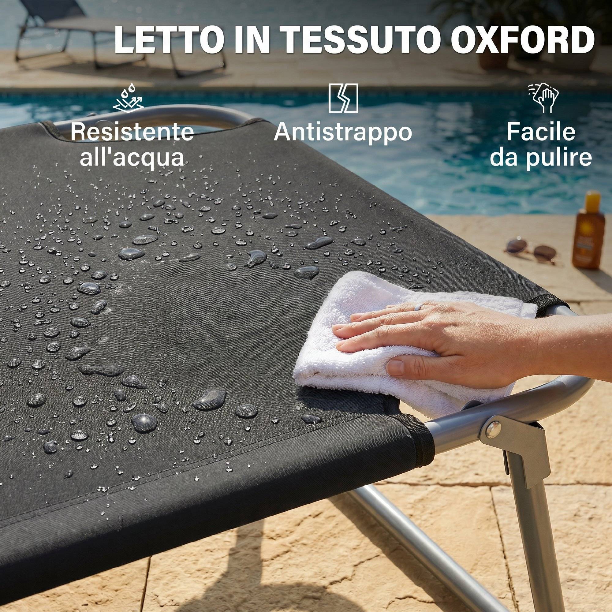 Lit de bronzage de jardin pliable réglable avec auvent tissu noir, 187x58x50 cm - Image 8
