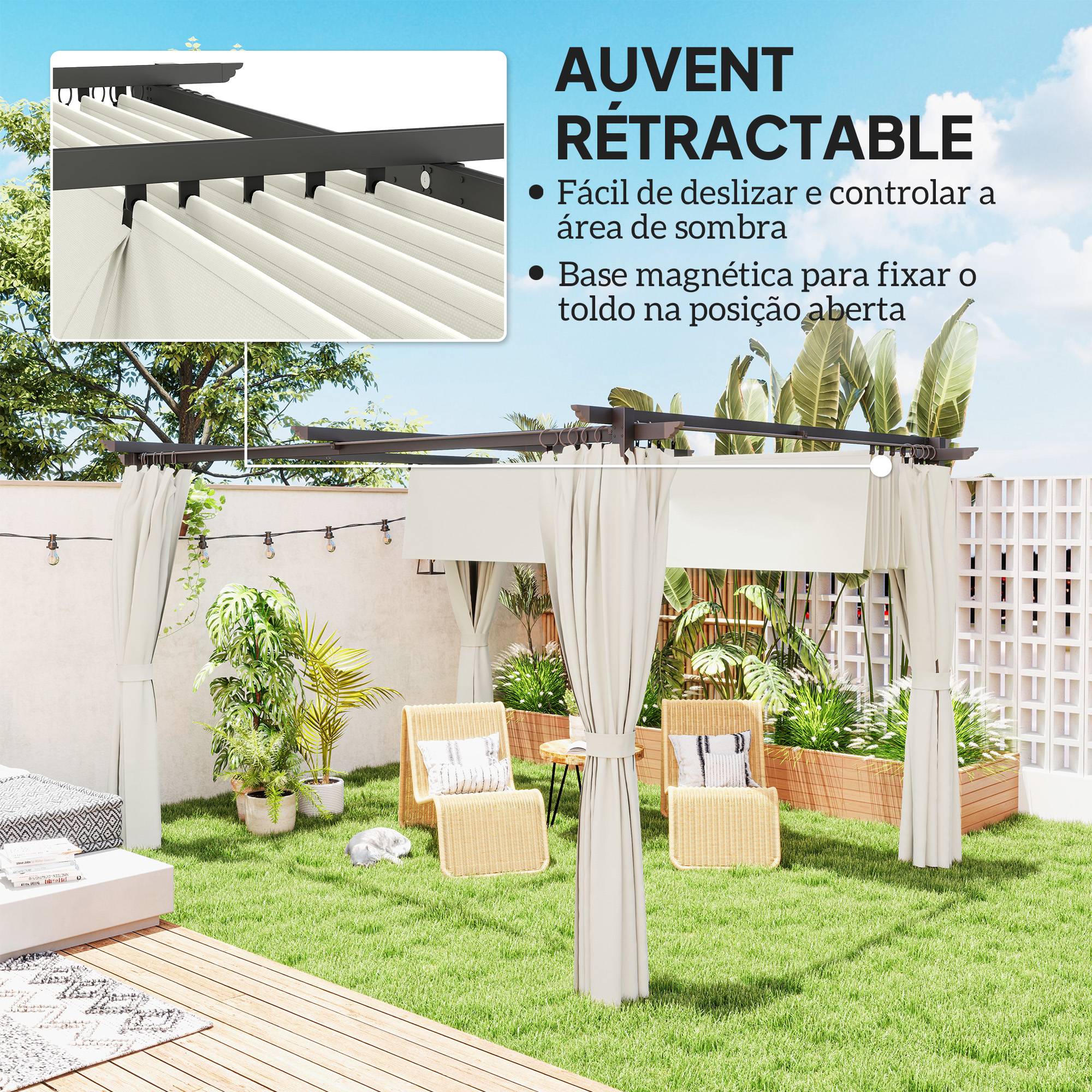 Pergola rétractable polyester extérieur ombrage ajustable 390x300cm crème - ComfortXL Outdoor Living - Image 6