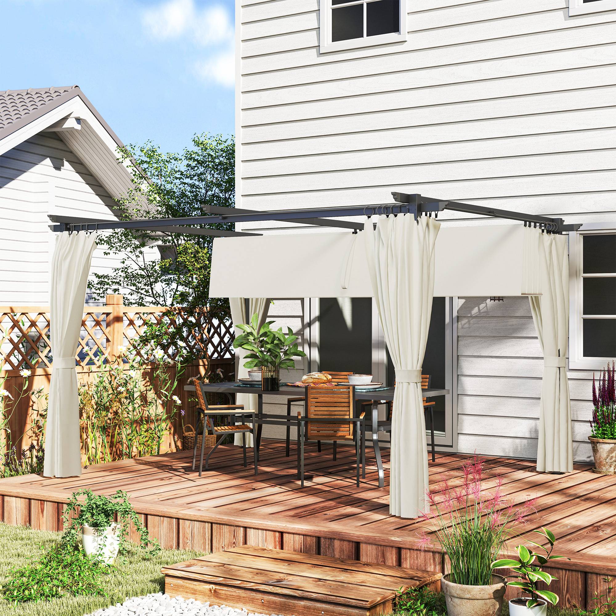 Pergola rétractable polyester extérieur ombrage ajustable 390x300cm crème - ComfortXL Outdoor Living - Image 3