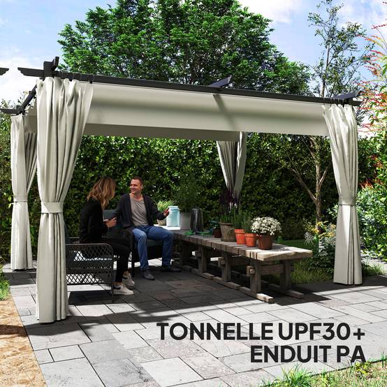 Pergola rétractable polyester extérieur ombrage ajustable 390x300cm crème - ComfortXL Outdoor Living - Image 8