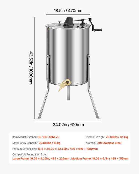 Extracteur de miel manuel 4/8 cadres inox, couvercle transparent, support réglable. - Image 7