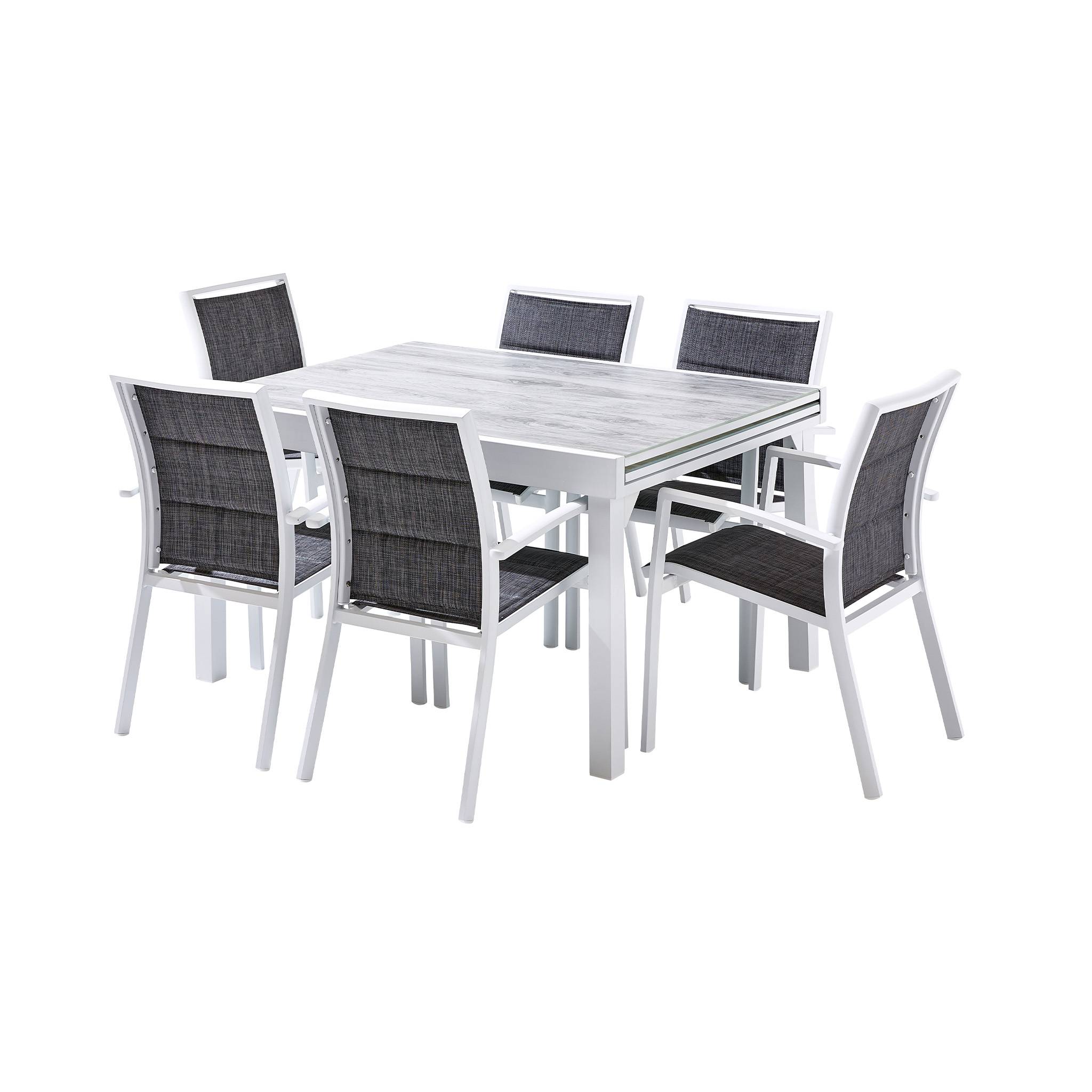 Wilsa Garden - Ensemble MODULO 6/10p en aluminium blanc et verre décors bois avec 6 fauteuils en textilène - Imagen 2