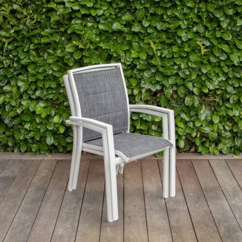 Wilsa Garden - Ensemble MODULO 6/10p en aluminium blanc et verre décors bois avec 6 fauteuils en textilène - Imagen 6