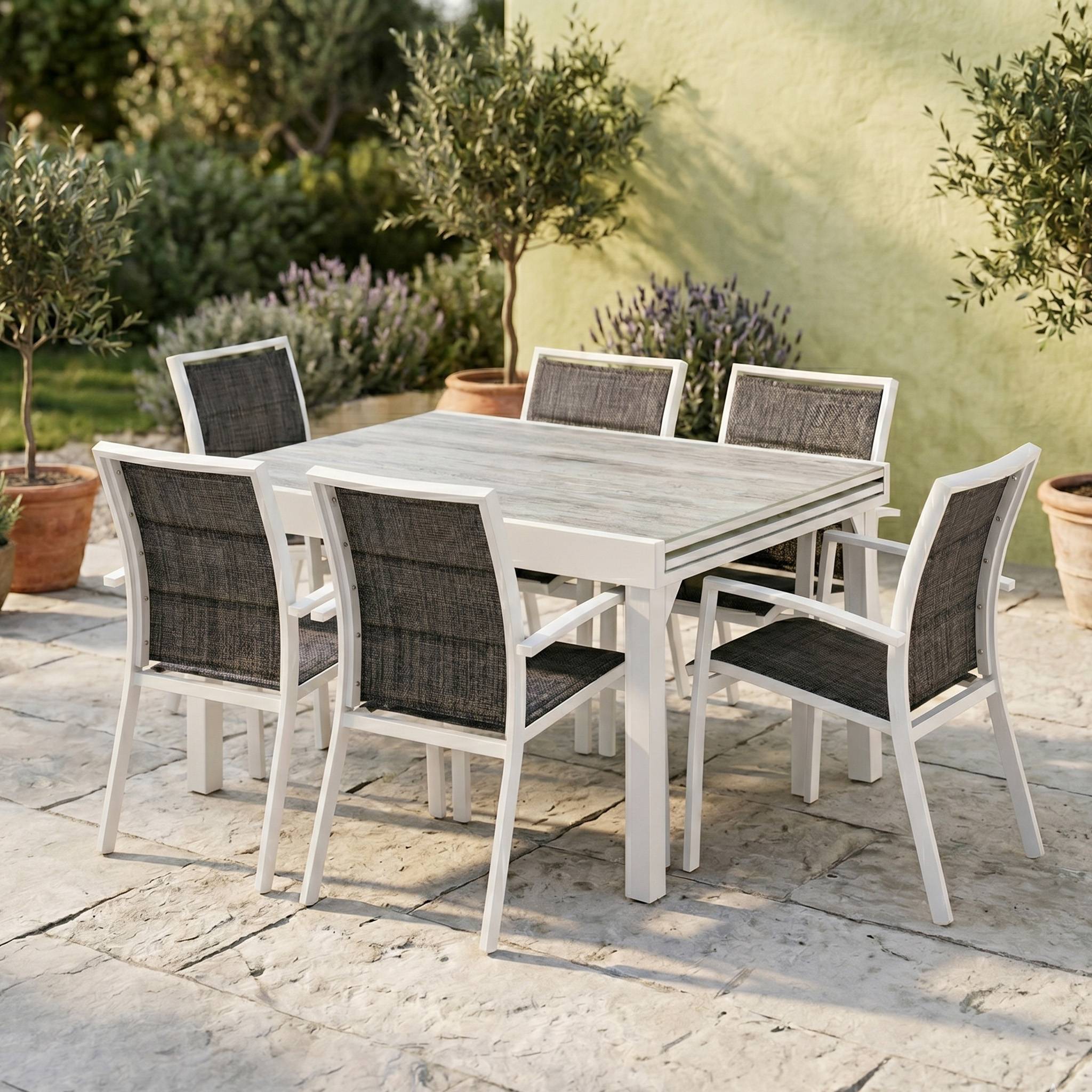 Wilsa Garden - Ensemble MODULO 6/10p en aluminium blanc et verre décors bois avec 6 fauteuils en textilène - Imagen 1