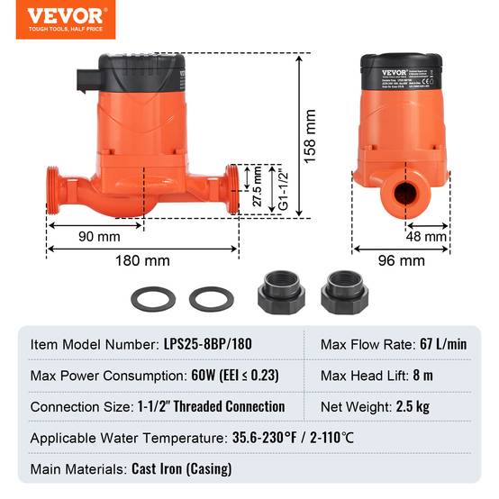 VEVOR Pompe circulation eau chaude 67 L/min, 220V 60W, hauteur refoulement 8m, pour système chauffe-eau. - Image 7