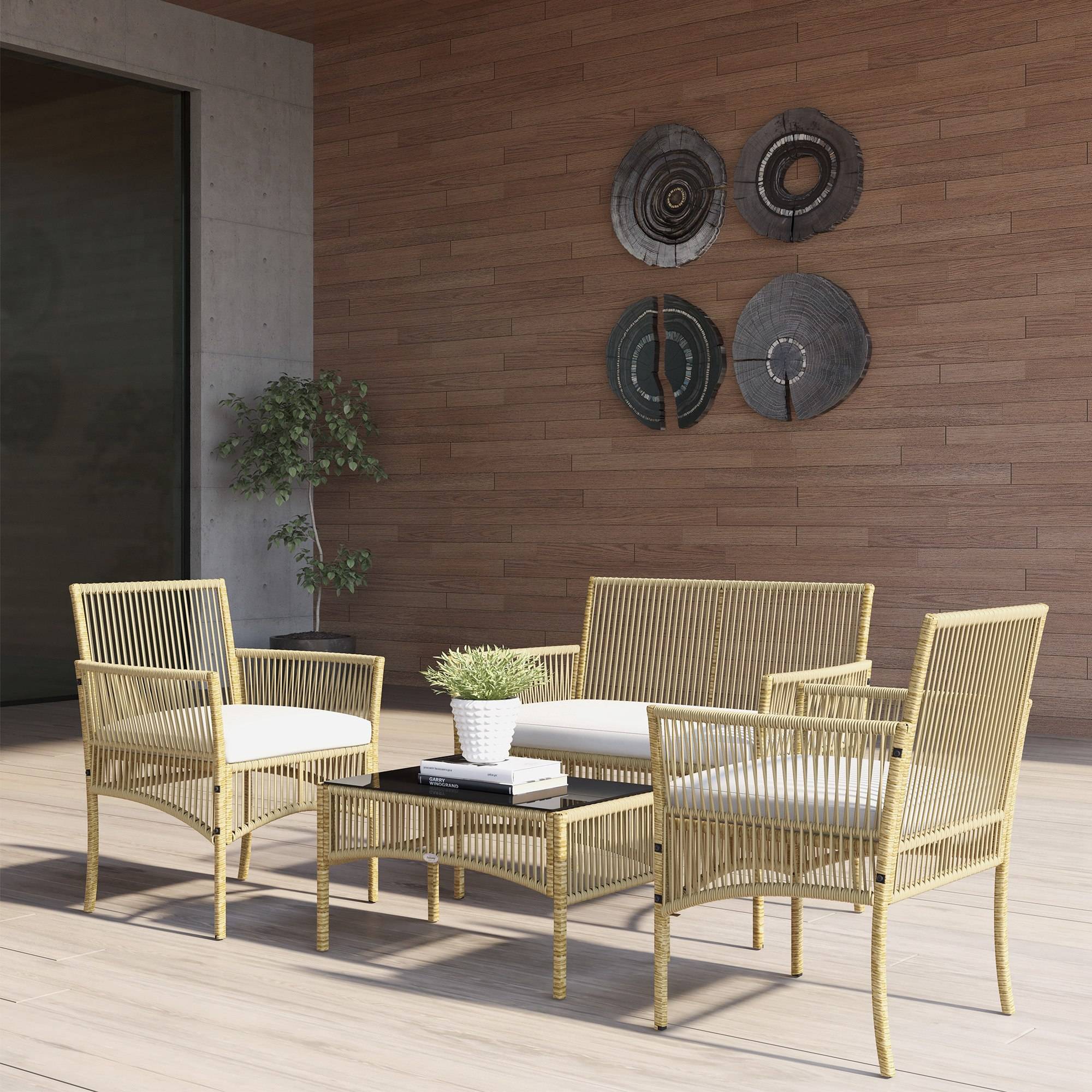 Outsunny - Ensemble salon jardin 4 pièces (canapé 2 places, 2 fauteuils, table basse) plateau verre trempé noir avec 3 coussins - métal rotin PE beige - Outsunny - Image 2