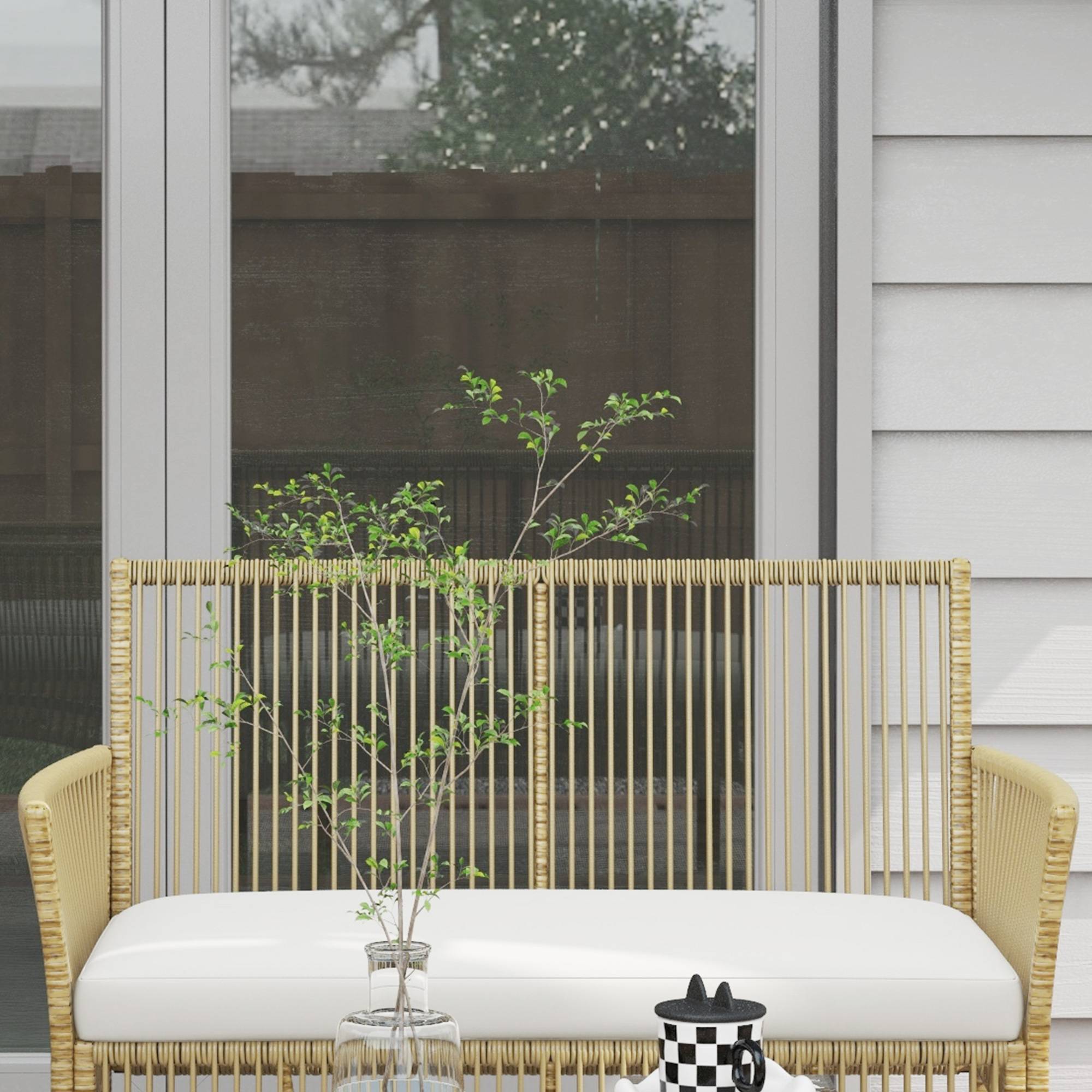 Outsunny - Ensemble salon jardin 4 pièces (canapé 2 places, 2 fauteuils, table basse) plateau verre trempé noir avec 3 coussins - métal rotin PE beige - Outsunny - Image 4