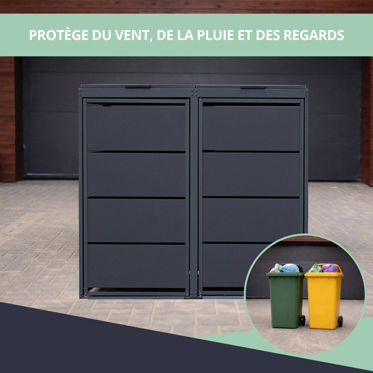 Cache poubelle extérieur double en acier galvanisé - Abri poubelle pour 2 conteneurs 240 Litres – Gris Anthracite RAL7016 - Image 4