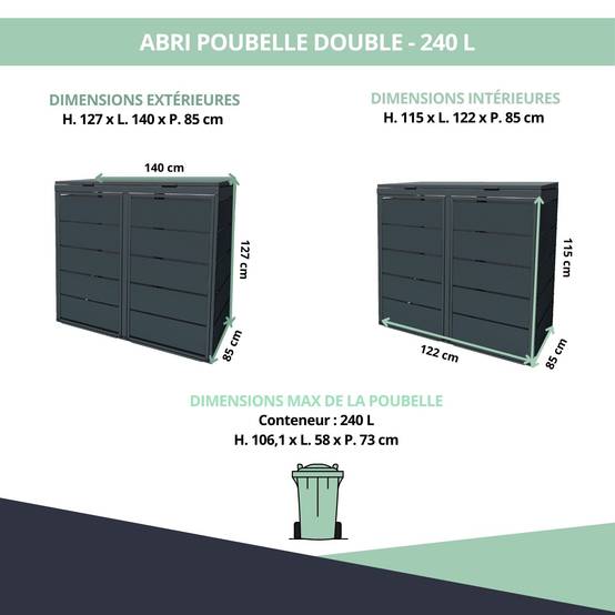 Cache poubelle extérieur double en acier galvanisé - Abri poubelle pour 2 conteneurs 240 Litres – Gris Anthracite RAL7016 - Image 3