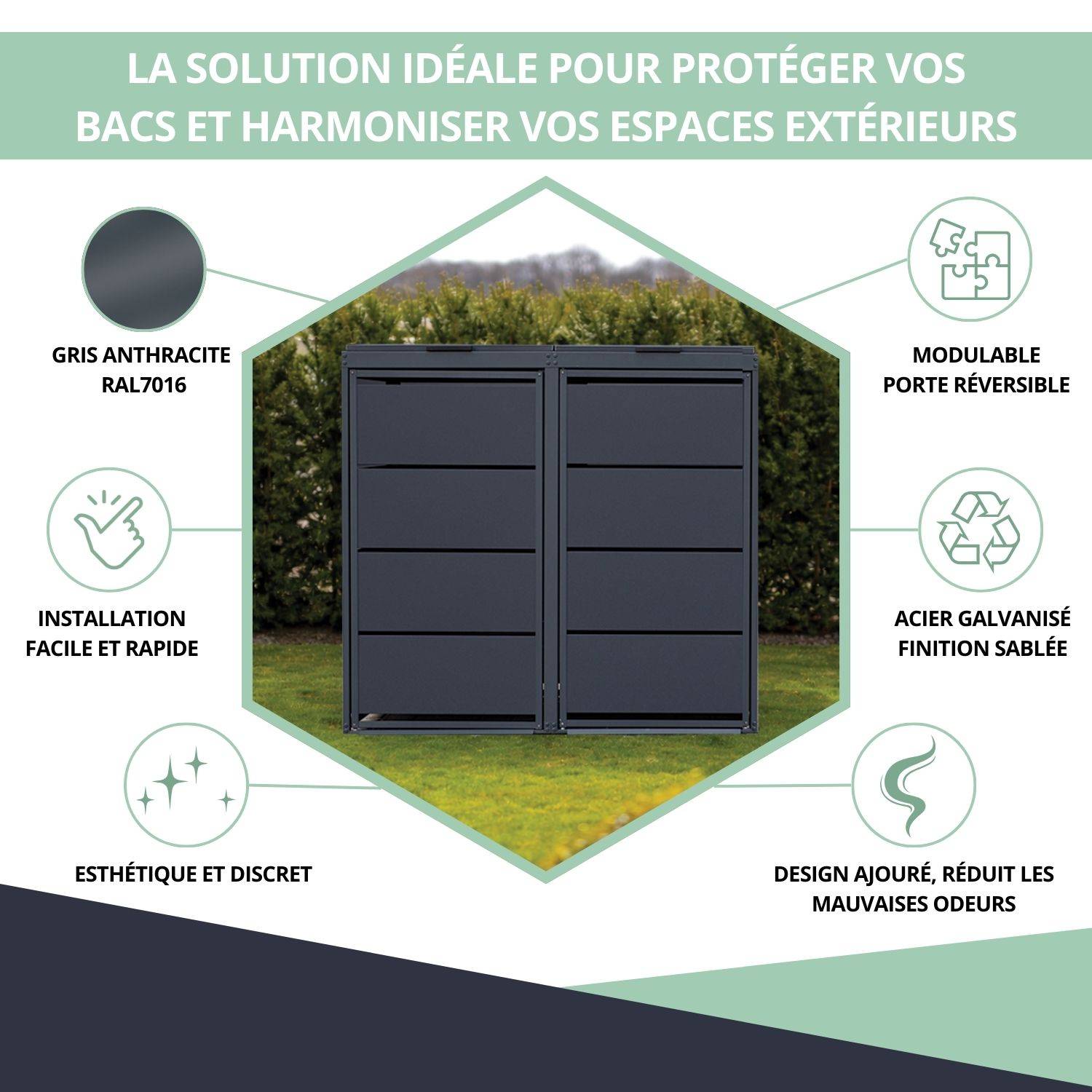 Cache poubelle extérieur double en acier galvanisé - Abri poubelle pour 2 conteneurs 240 Litres – Gris Anthracite RAL7016 - Image 2