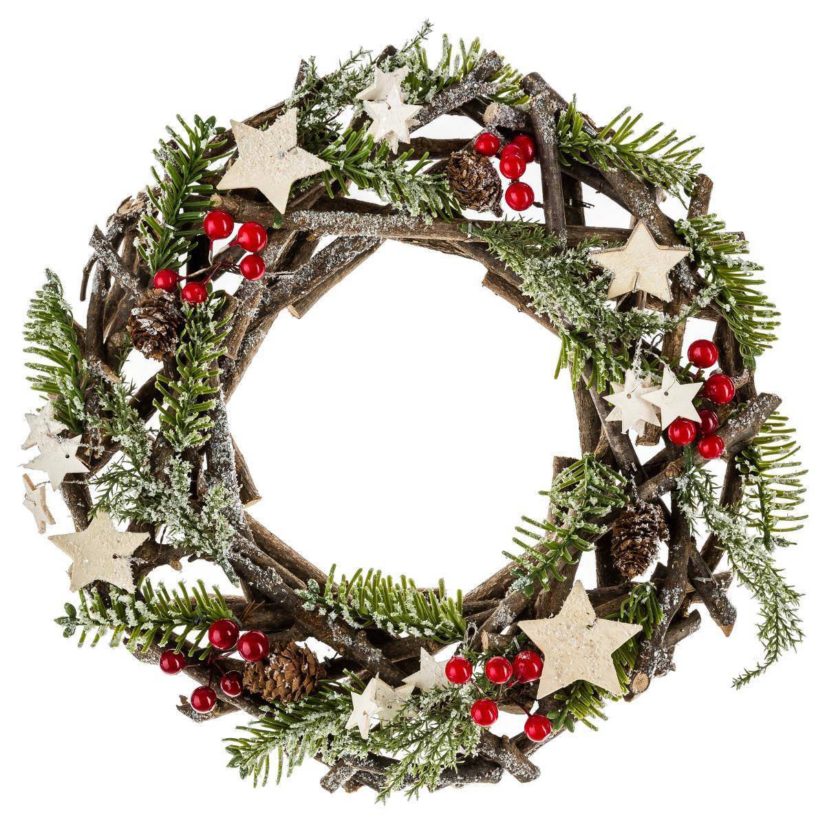 Feeric Christmas - Couronne avec branches et étoiles 30cm bois - Feeric Lights & Christmas - Imagen 1