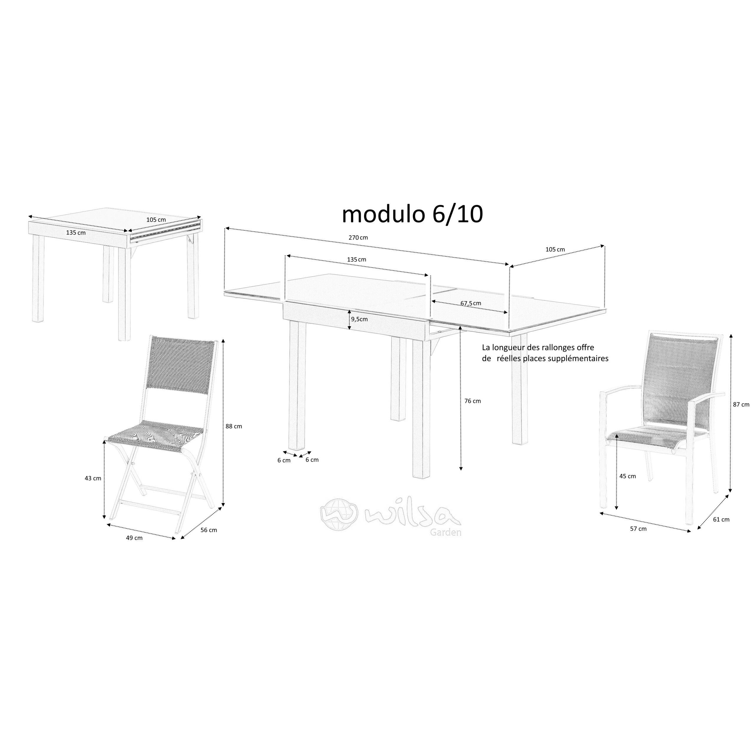 Wilsa Garden - Ensemble MODULO 6/10p en aluminium gris et verre transparent et 6 fauteuils en aluminium et assise textilène - Imagen 6