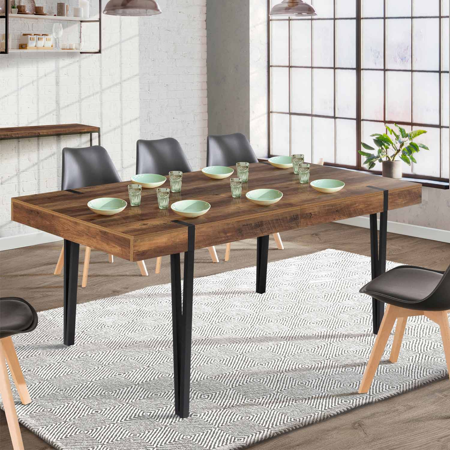 Table à manger extensible rectangle AUSTRIA 6-10 personnes bois foncé pied épingle noir 160-200 cm - Image 4