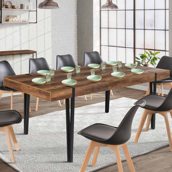 Table à manger extensible rectangle AUSTRIA 6-10 personnes bois foncé pied épingle noir 160-200 cm - Image 1