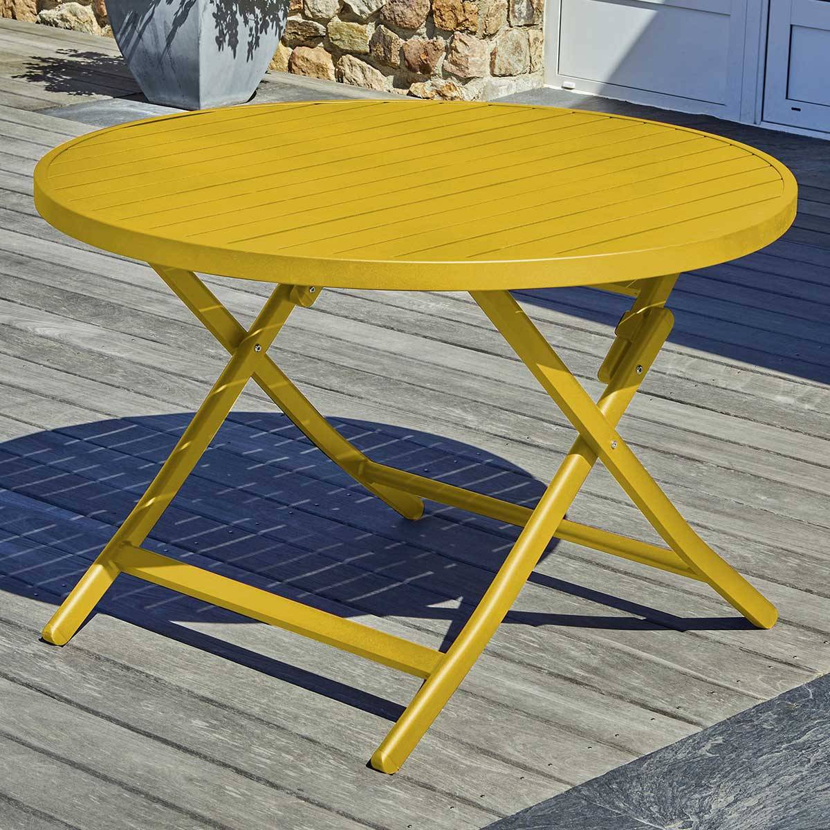 Table de jardin ronde pliante en aluminium - Jaune moutarde - MARIUS - Image 5