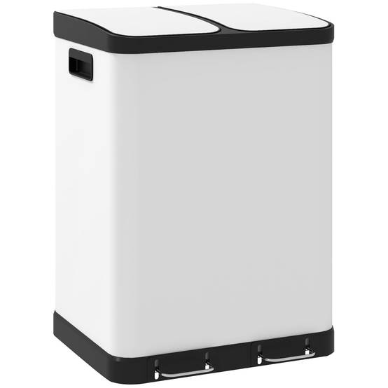 Sans Marque - Poubelle cuisine 2x30L pédale métal 2 compartiments couvercle fermeture douce 60L blanc - Image 1