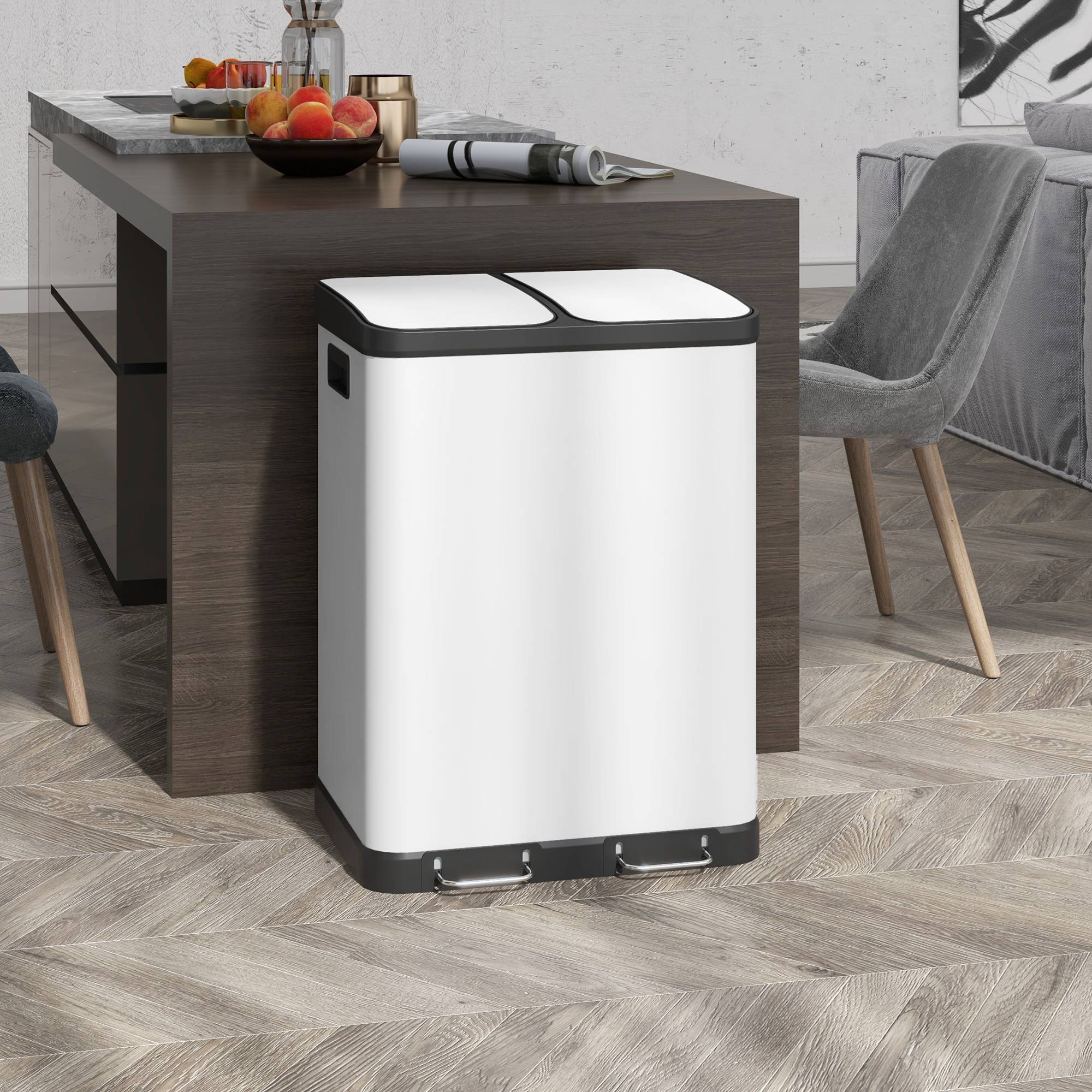 Sans Marque - Poubelle cuisine 2x30L pédale métal 2 compartiments couvercle fermeture douce 60L blanc - Image 3