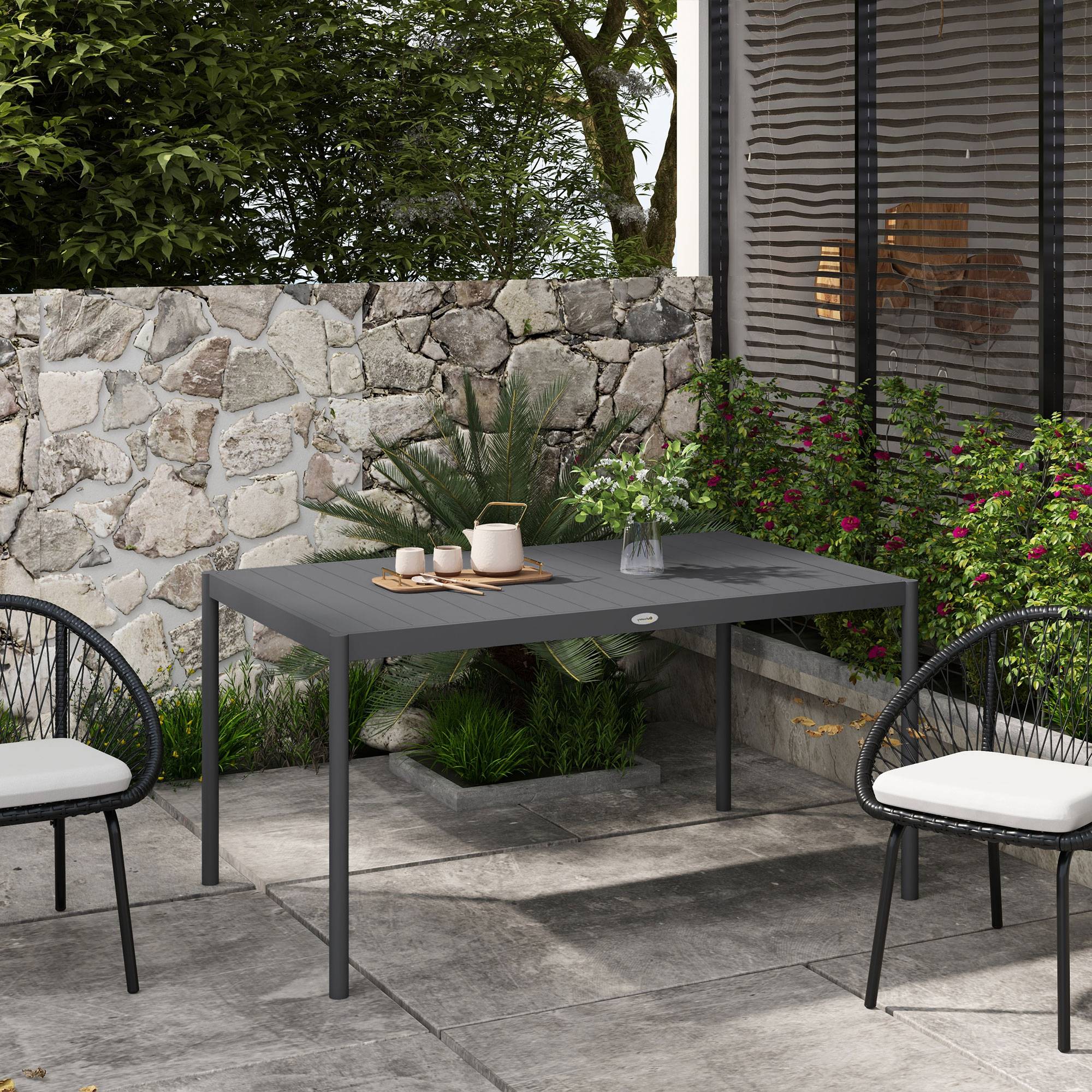 Table de jardin à lattes pour 6 personnes en acier et aluminium, 145 x 90 x 74 cm, gris foncé - Image 3