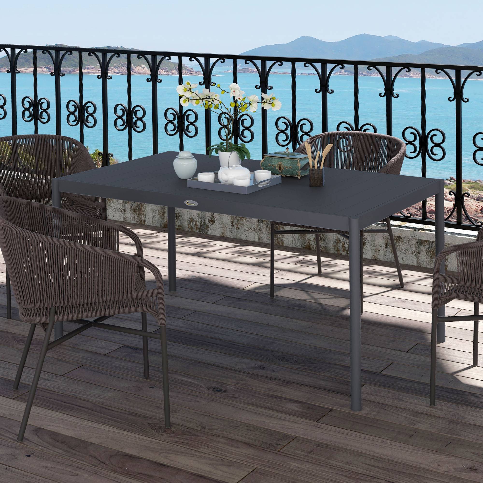 Table de jardin à lattes pour 6 personnes en acier et aluminium, 145 x 90 x 74 cm, gris foncé - Image 4
