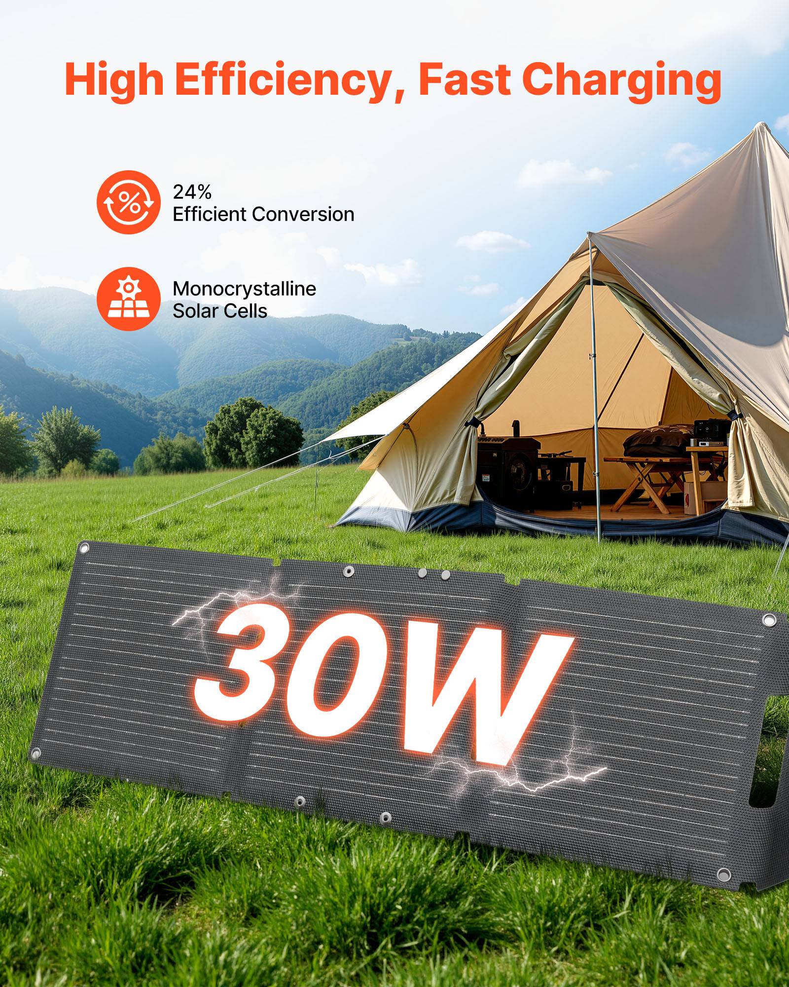 VEVOR Panneau Solaire Portable Chargeur Solaire Pliable Monocristallin 30 W - Image 2