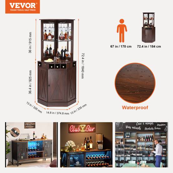 VEVOR Armoire bar industrielle coin, bois. Porte-verres, présentoir vin. Pour salon, maison. - Image 7