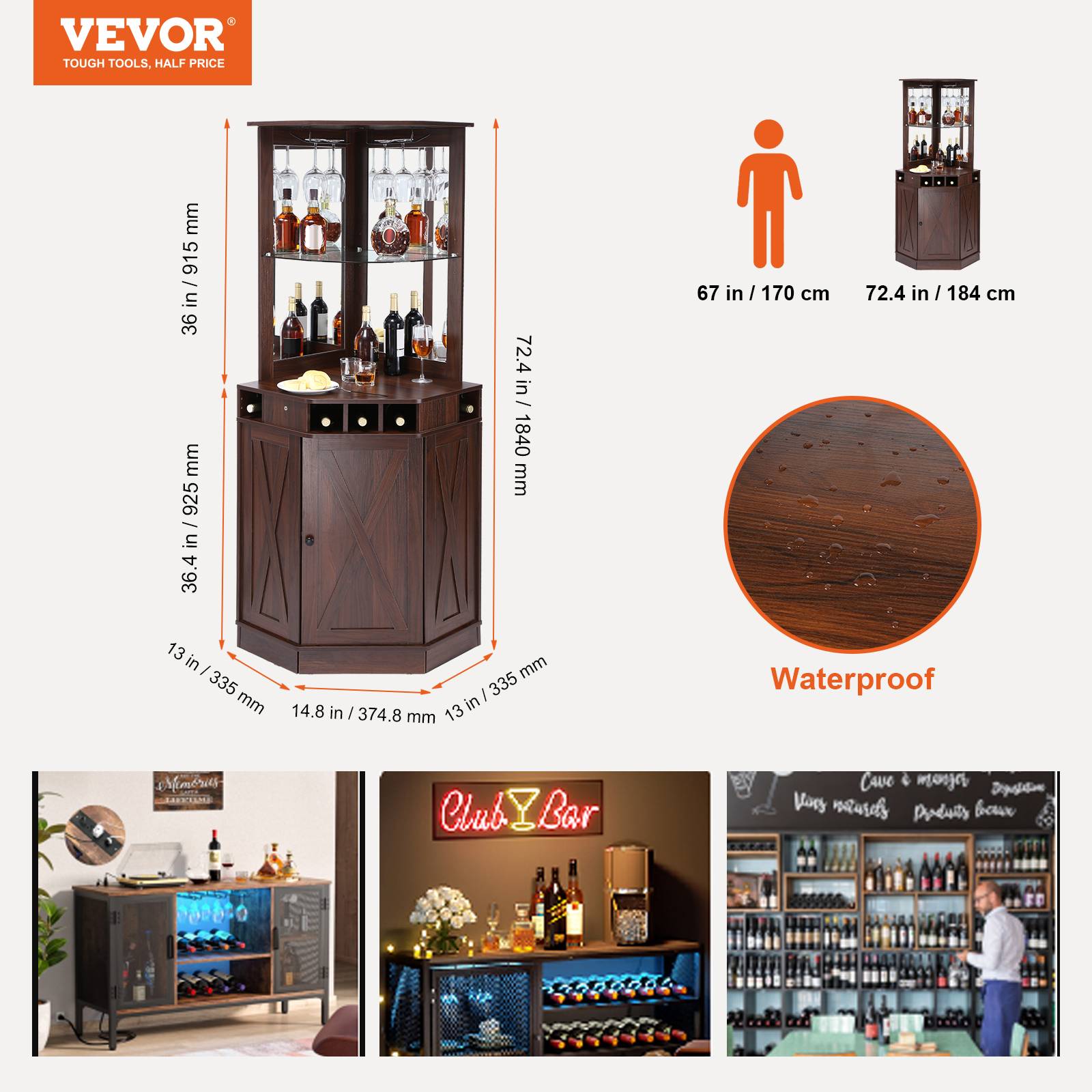 VEVOR Armoire bar industrielle coin, bois. Porte-verres, présentoir vin. Pour salon, maison. - Image 7