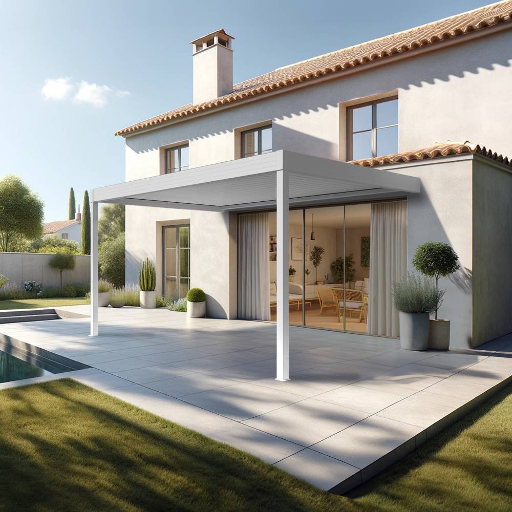 Pergola bioclimatique HELY perpendiculaire 6,02x3,00m Vérin à télécommande (Blanc) - Alia Productions - Imagen 1