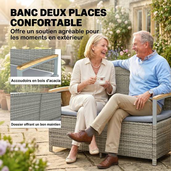 Banc coffre rangement extérieur 170L résine tressée acacia 2 places coussin gris clair - ComfortXL Outdoor Living - Image 9