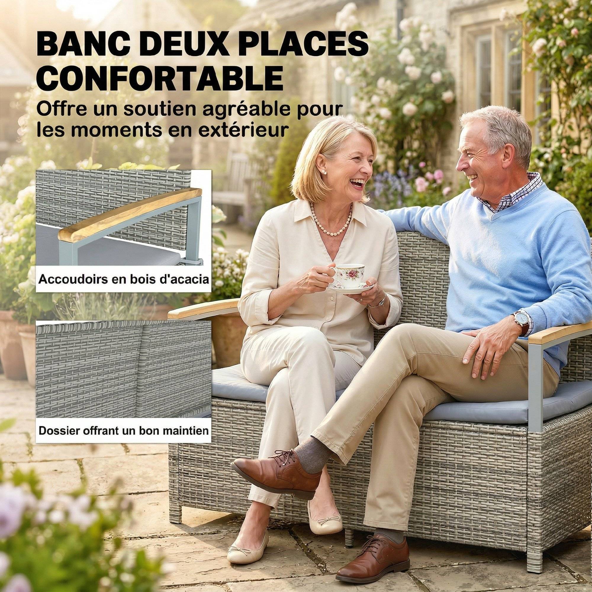 Banc coffre rangement extérieur 170L résine tressée acacia 2 places coussin gris clair - ComfortXL Outdoor Living - Image 9
