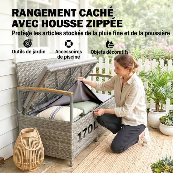 Banc coffre rangement extérieur 170L résine tressée acacia 2 places coussin gris clair - ComfortXL Outdoor Living - Image 7