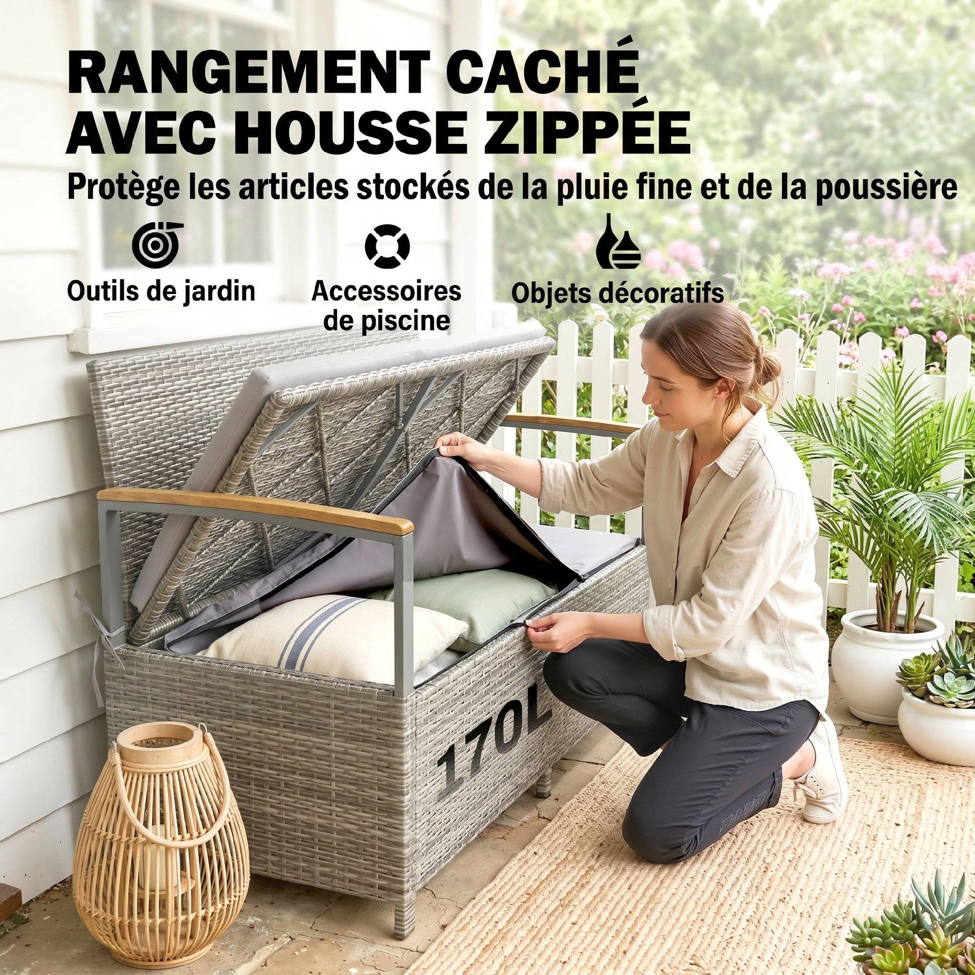 Banc coffre rangement extérieur 170L résine tressée acacia 2 places coussin gris clair - ComfortXL Outdoor Living - Image 7