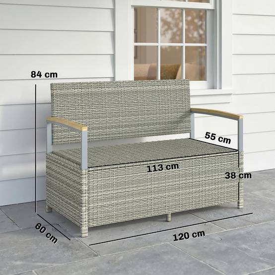 Banc coffre rangement extérieur 170L résine tressée acacia 2 places coussin gris clair - ComfortXL Outdoor Living - Image 5