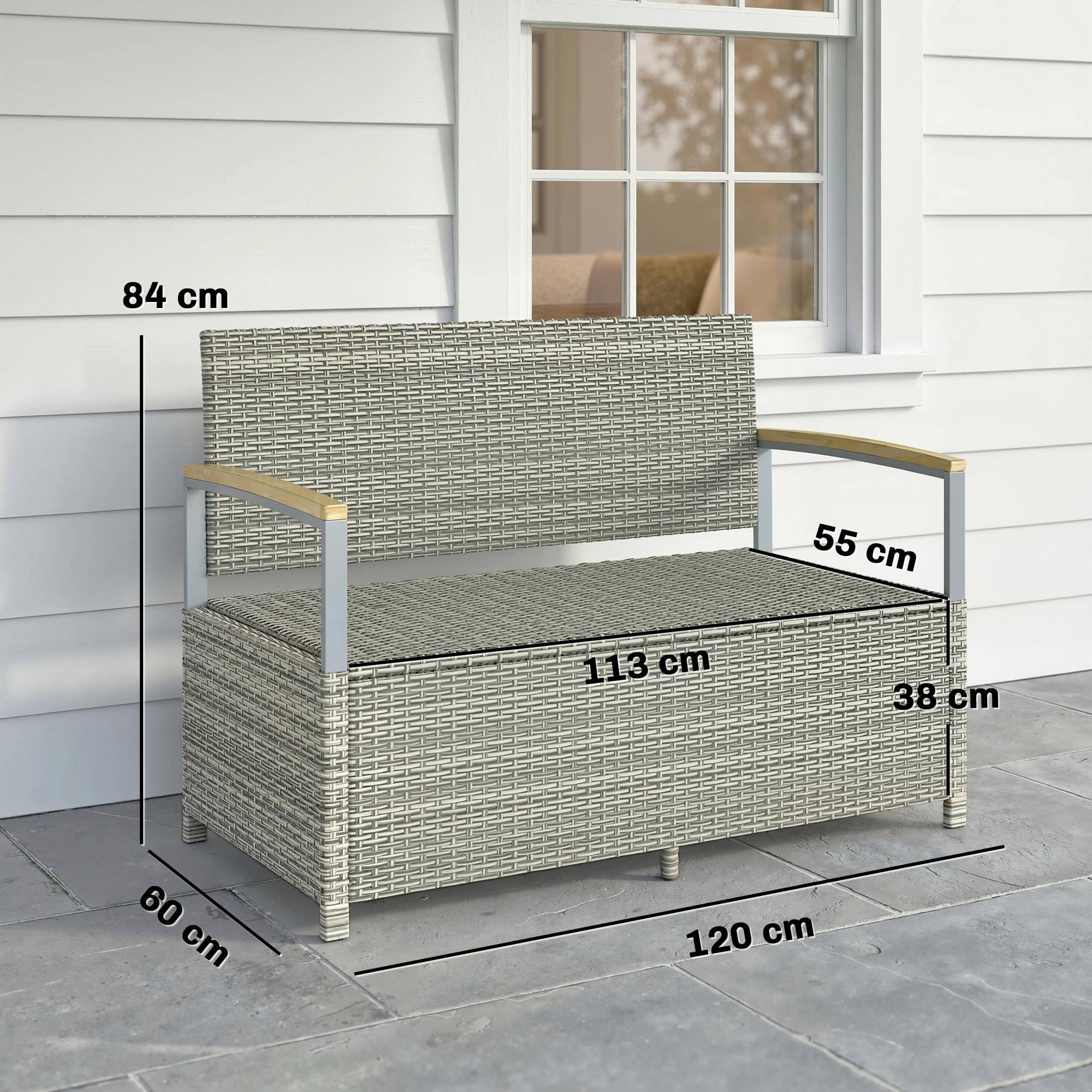Banc coffre rangement extérieur 170L résine tressée acacia 2 places coussin gris clair - ComfortXL Outdoor Living - Image 5