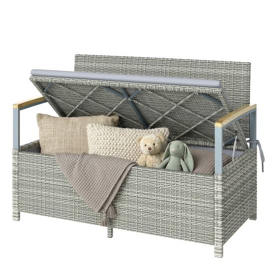 Banc coffre rangement extérieur 170L résine tressée acacia 2 places coussin gris clair - ComfortXL Outdoor Living - Image 2